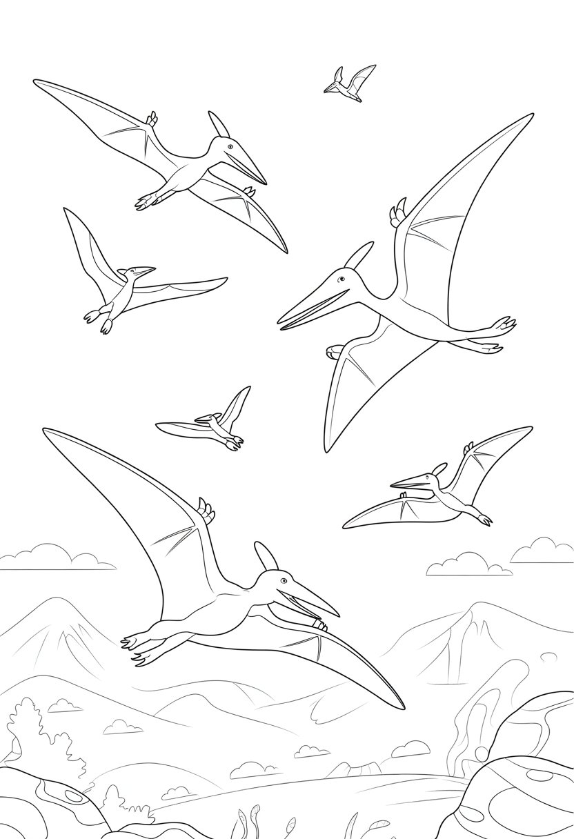 Dinosaur Coloring Pages Printable: Top 20 Designs for All Ages 27 Several pterodactyls flying over a prehistoric landscape with mountains and clouds in the background.