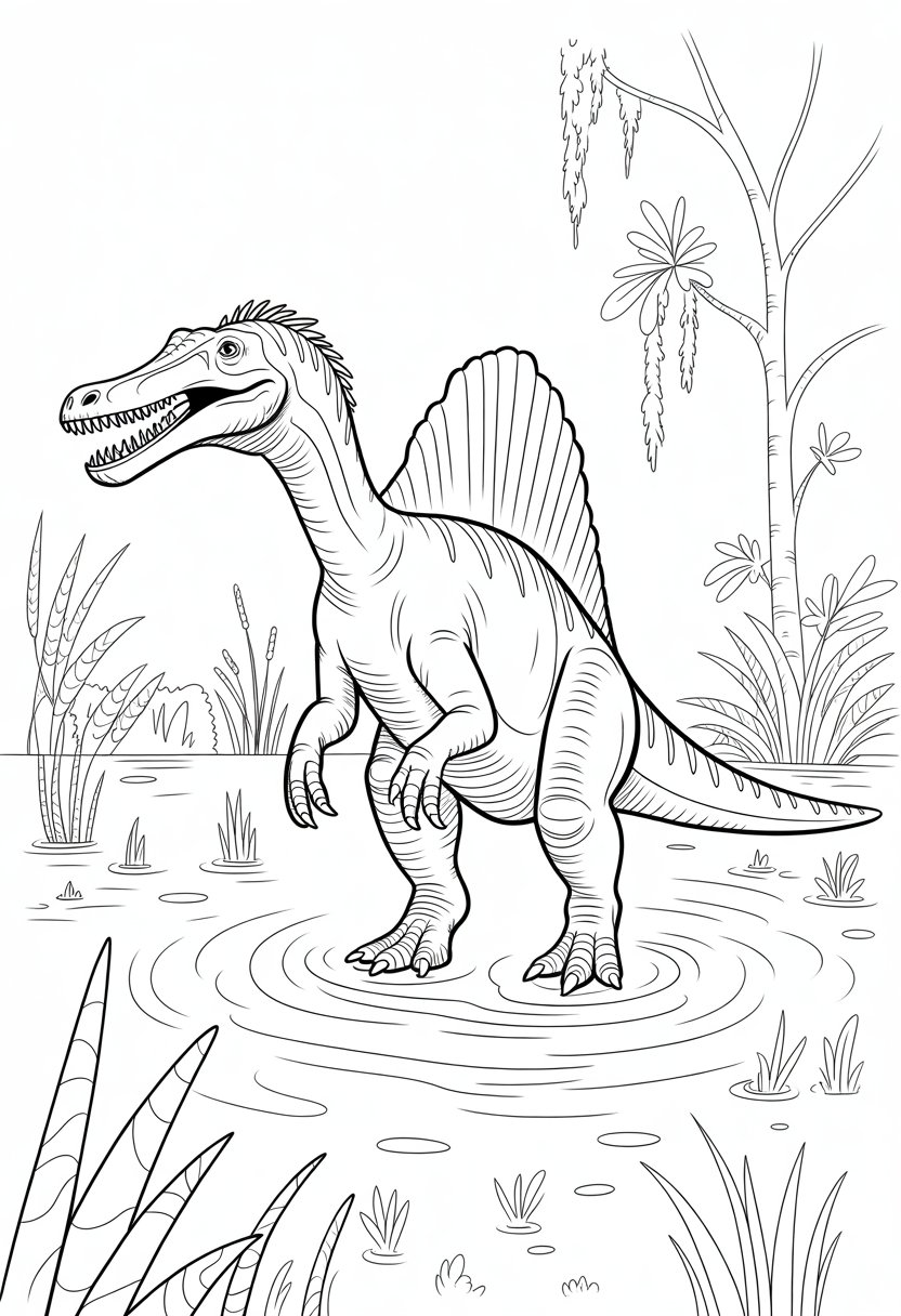 Dinosaur Coloring Pages Printable: Top 20 Designs for All Ages 29 A Spinosaurus standing in a swamp surrounded by water, tall grasses, and trees with hanging vines.