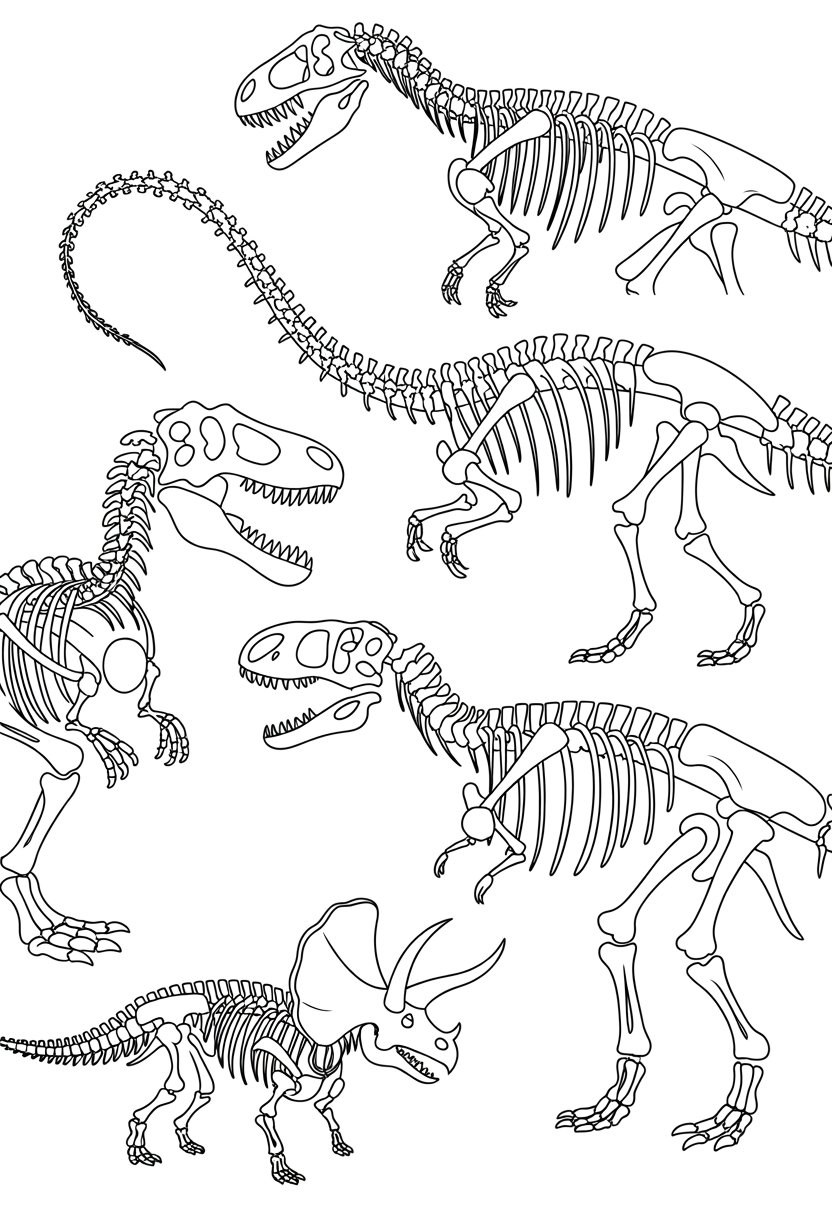 Dinosaur Coloring Pages Printable: Top 20 Designs for All Ages 30 A scene showing multiple dinosaur skeletons including a T-Rex, Brachiosaurus, and Triceratops.