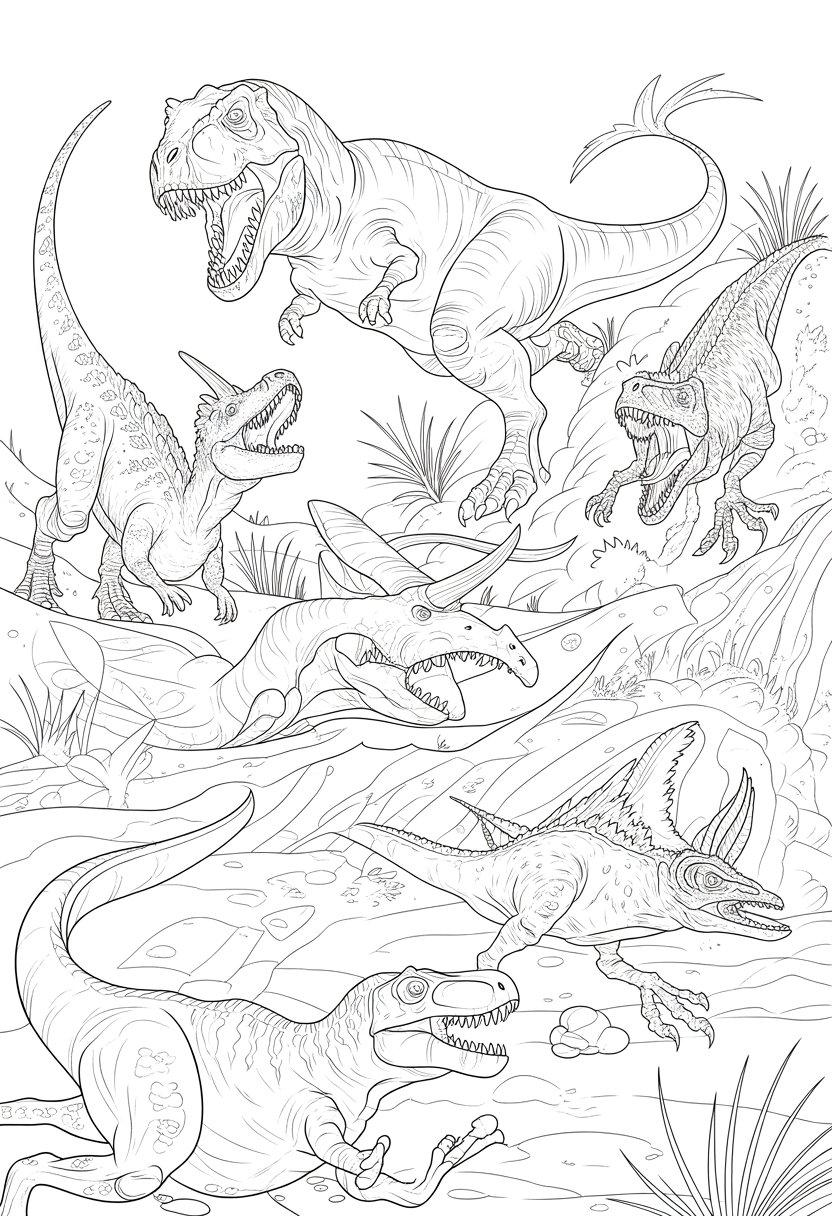 Dinosaur Coloring Pages Printable: Top 20 Designs for All Ages 31 A scene showing several dinosaurs fighting each other in a prehistoric landscape with rocks and plants.