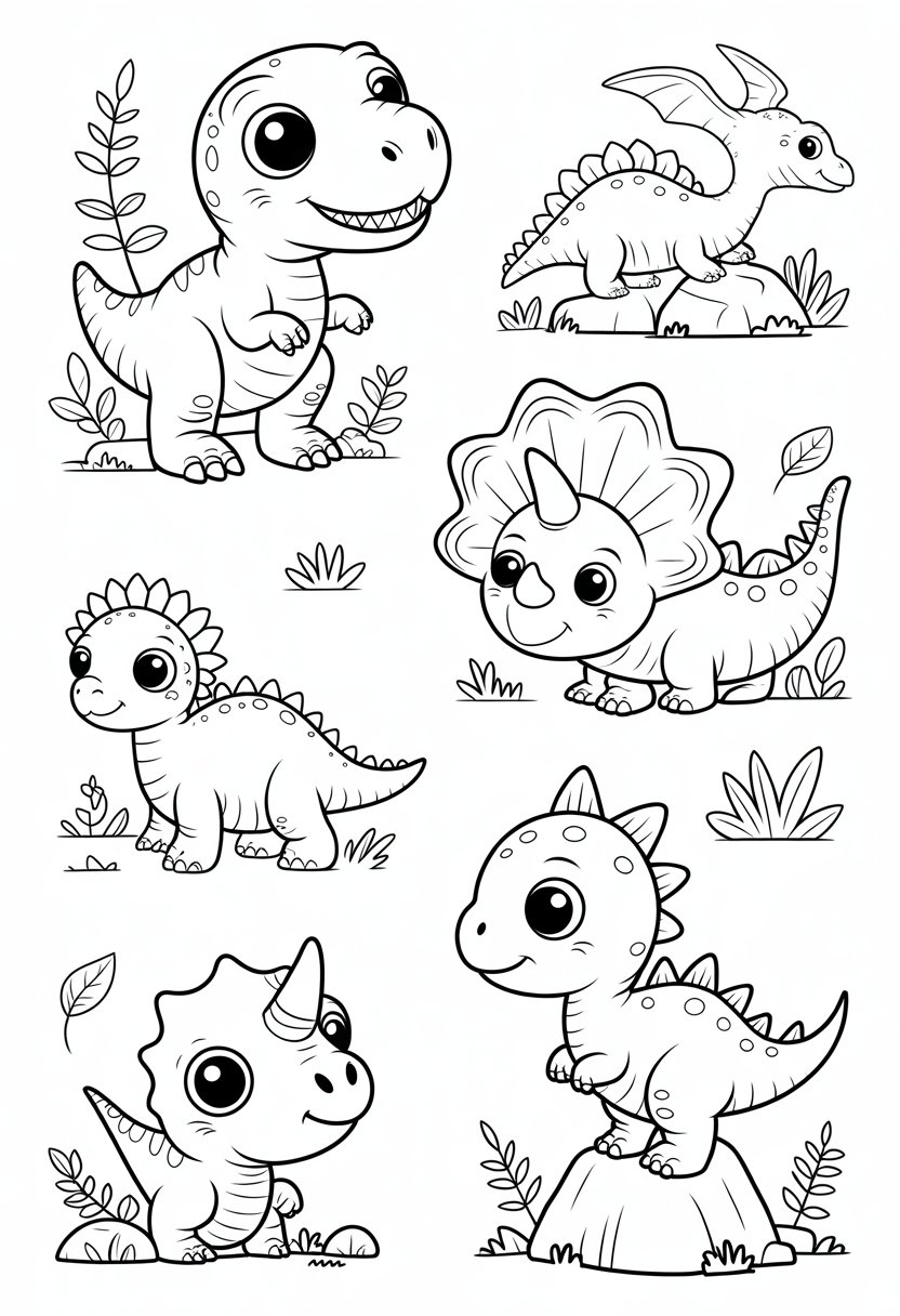 Dinosaur Coloring Pages Printable: Top 20 Designs for All Ages 32 A group of cute baby dinosaurs including T-Rex, triceratops, stegosaurus, and pterodactyl surrounded by plants and rocks.