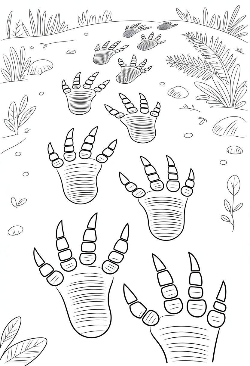 Dinosaur Coloring Pages Printable: Top 20 Designs for All Ages 33 A trail of dinosaur footprints winding through a prehistoric landscape with ferns and small rocks.