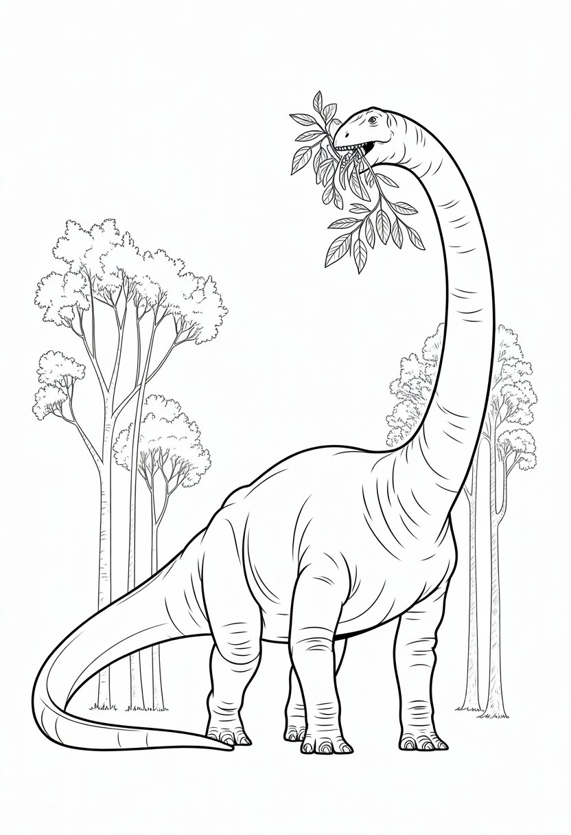 Dinosaur Coloring Pages Printable: Top 20 Designs for All Ages 34 A Diplodocus dinosaur eating leaves from tall trees with a long neck and tail in a natural setting.