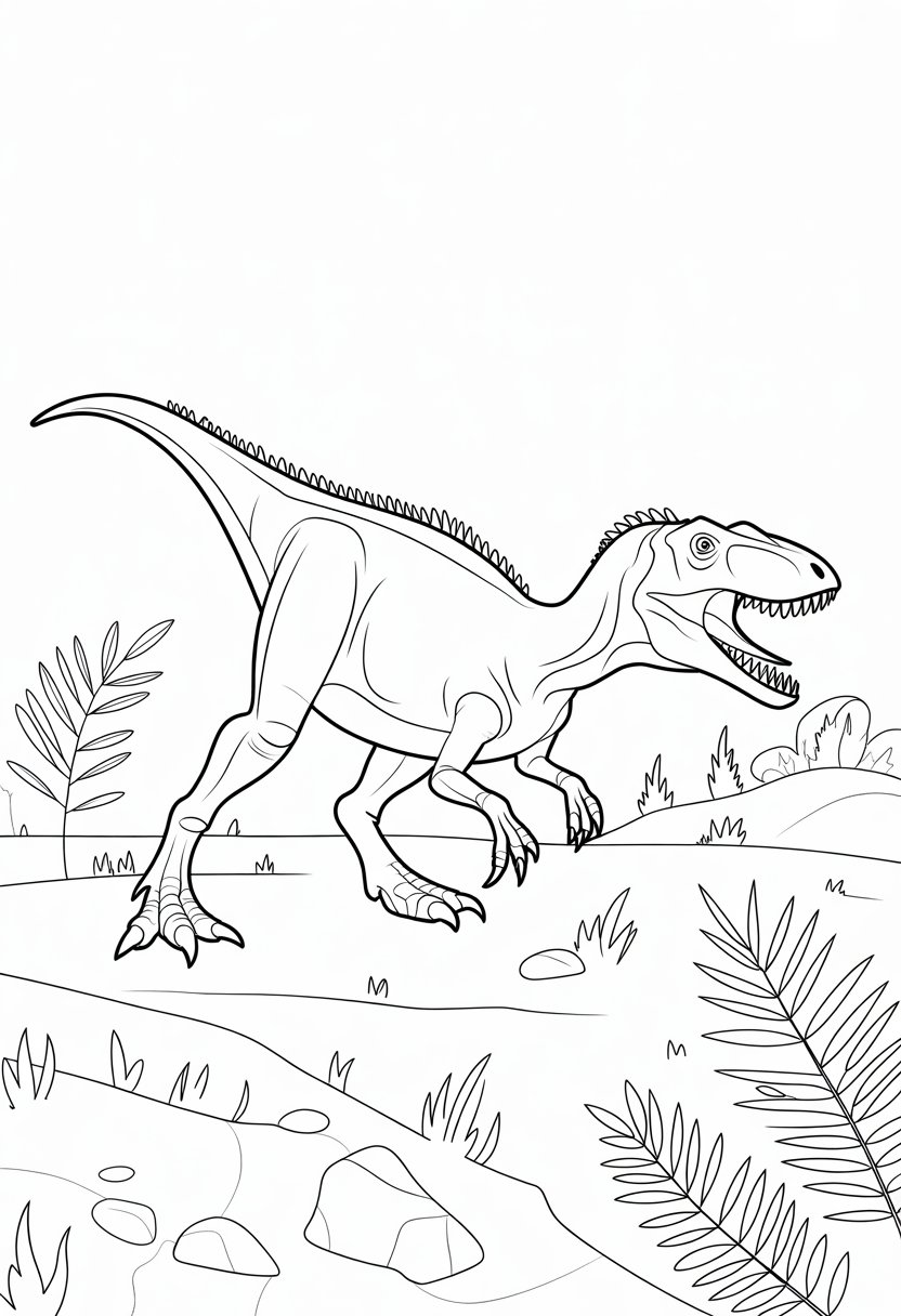 Dinosaur Coloring Pages Printable: Top 20 Designs for All Ages 35 An Allosaurus dinosaur stalking prey in a prehistoric outdoor setting with plants and rocks.