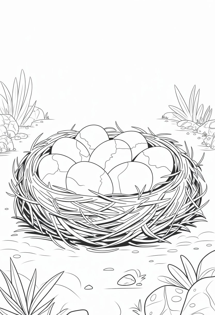 Dinosaur Coloring Pages Printable: Top 20 Designs for All Ages 36 A dinosaur nest on the ground containing several large eggs surrounded by plants and rocks.
