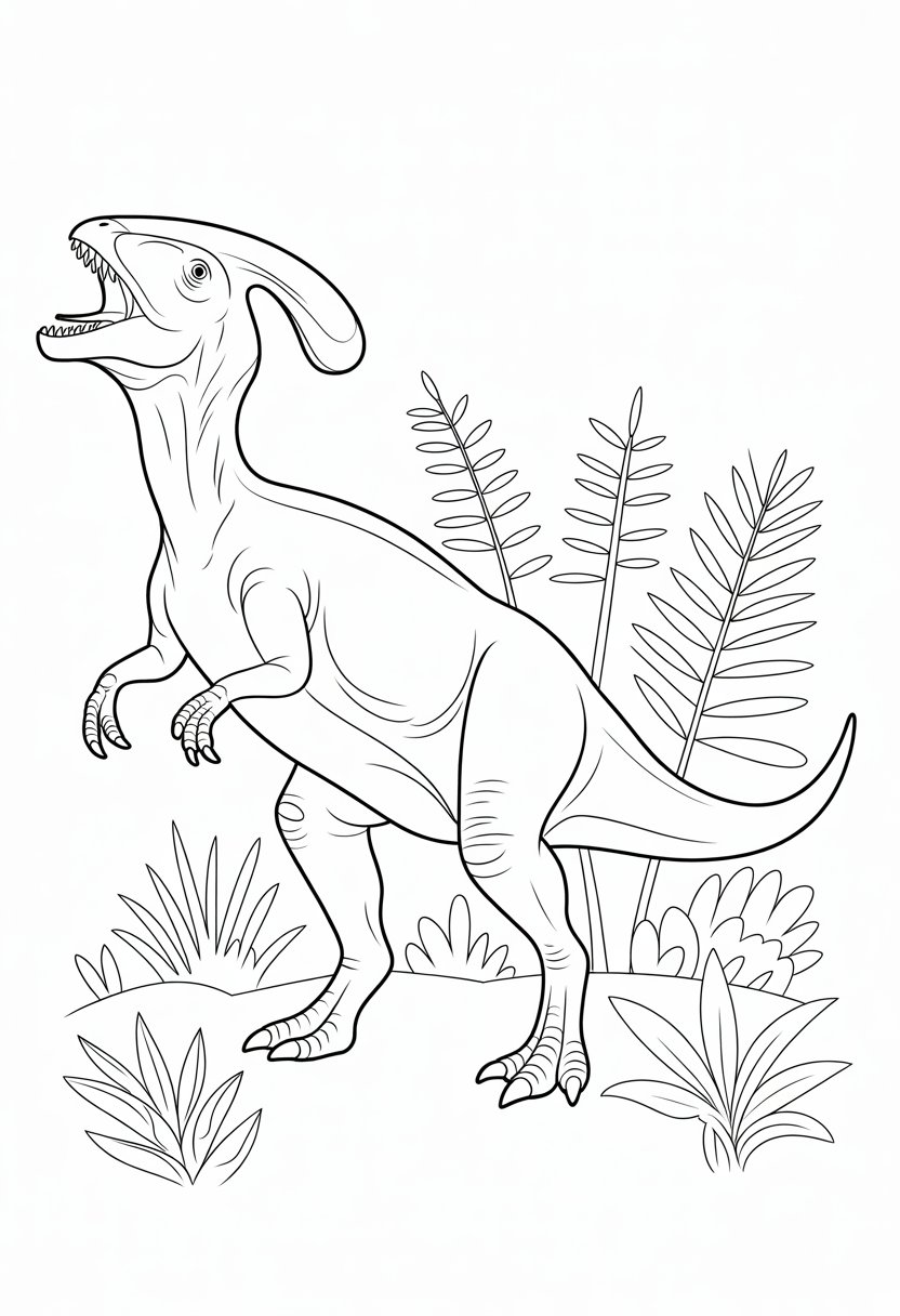 Dinosaur Coloring Pages Printable: Top 20 Designs for All Ages 38 A Parasaurolophus dinosaur standing and calling out in a prehistoric landscape with plants around it.