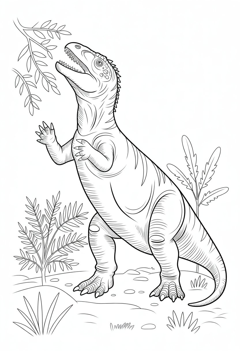 Dinosaur Coloring Pages Printable: Top 20 Designs for All Ages 39 An Iguanodon dinosaur feeding on leaves from a tree surrounded by prehistoric plants.
