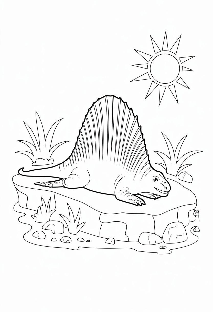 Dinosaur Coloring Pages Printable: Top 20 Designs for All Ages 40 A Dimetrodon dinosaur lying on rocks with its large sail visible, surrounded by plants and a shining sun overhead.