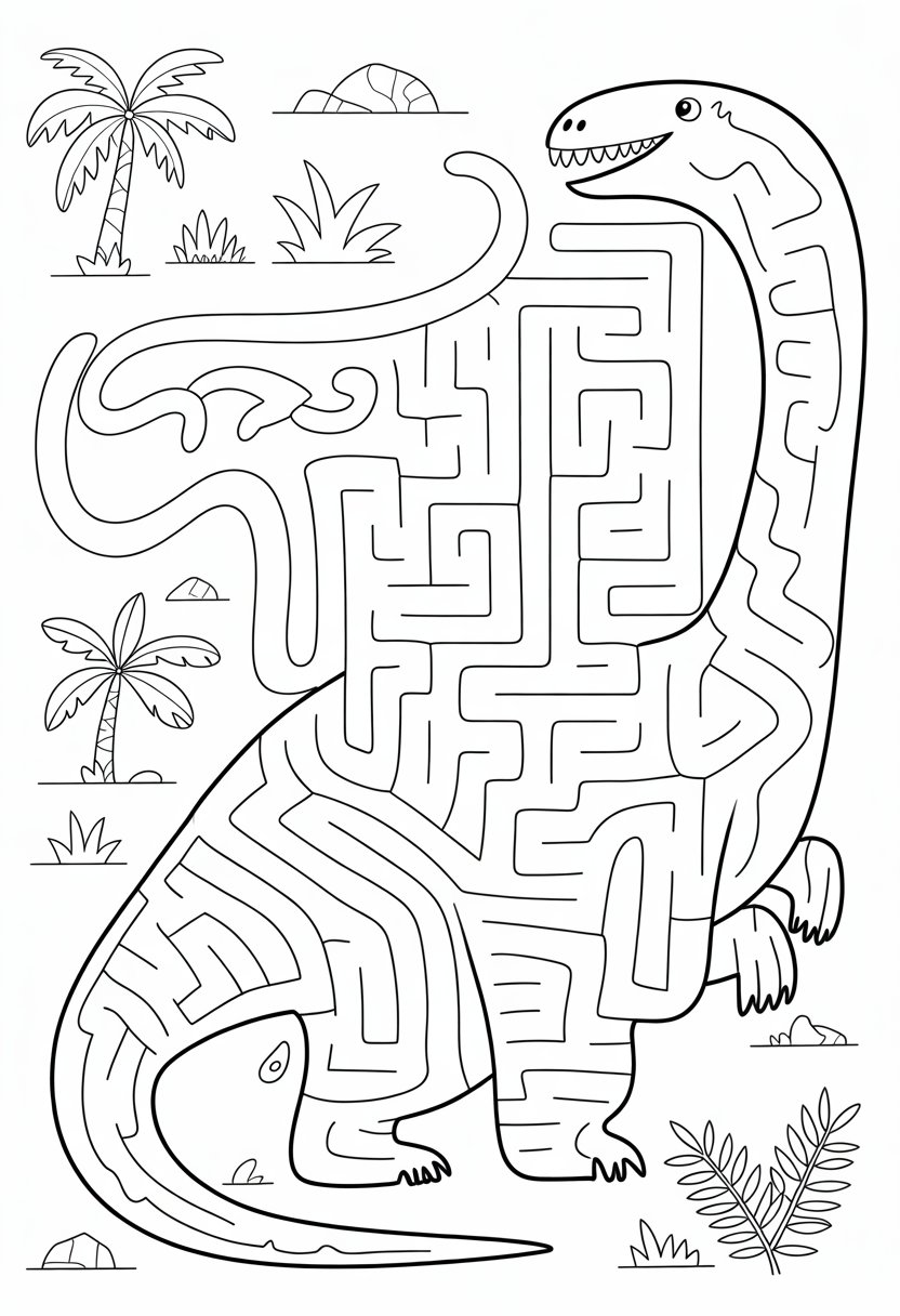Dinosaur Coloring Pages Printable: Top 20 Designs for All Ages 41 A dinosaur-shaped maze puzzle surrounded by palm trees, rocks, and ferns.