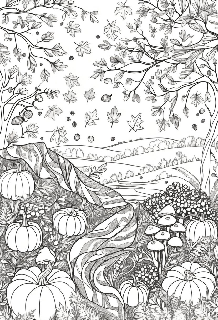 Fall Coloring Pages for Adults 19 Creative Designs to Inspire Relaxation 2 An autumn scene with fallen leaves, acorns, pinecones, pumpkins, mushrooms, berries, branches with leaves, and distant trees.