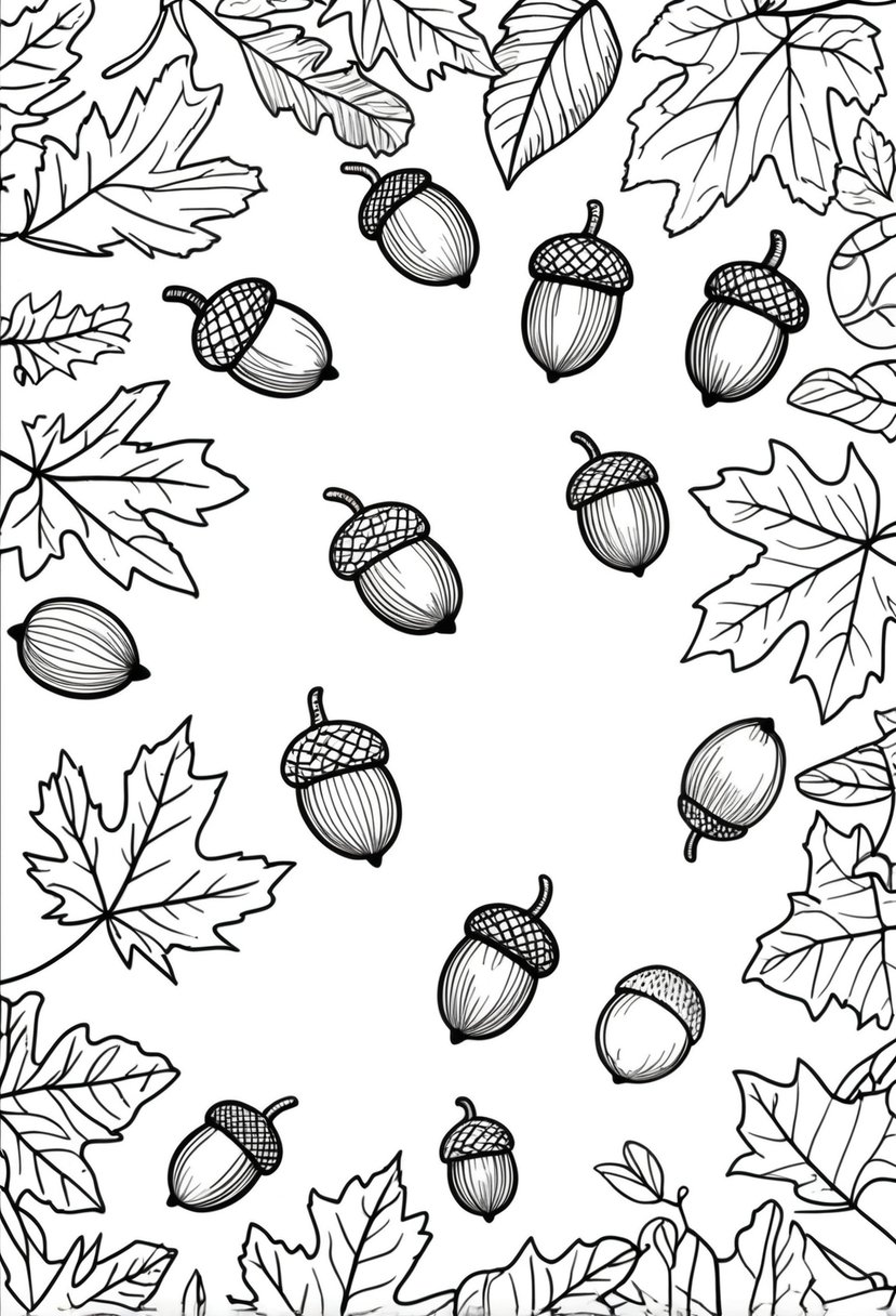 Fall Coloring Pages for Adults 19 Creative Designs to Inspire Relaxation 26 Scattered acorns among various fallen leaves on the ground.