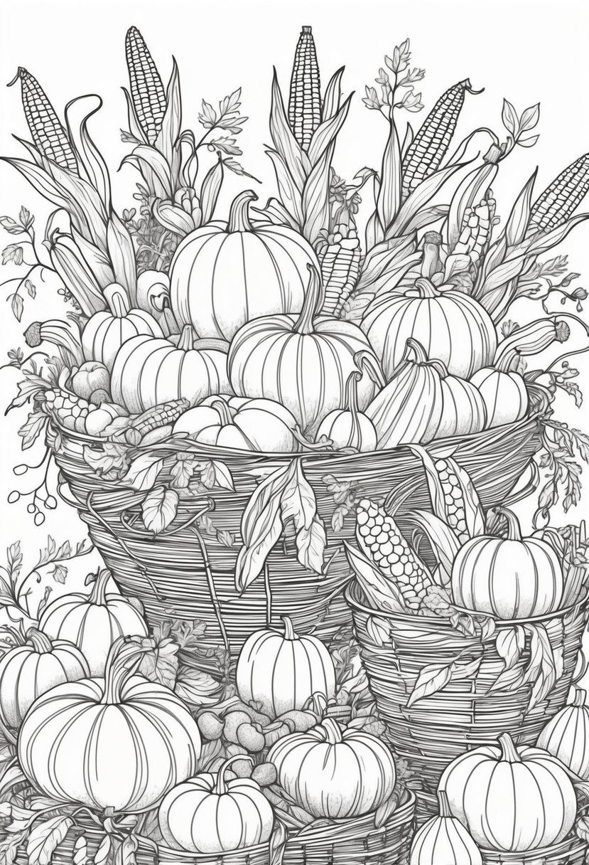 Fall Coloring Pages for Adults 19 Creative Designs to Inspire Relaxation 27 Several cornucopias overflowing with a variety of harvest vegetables including pumpkins, corn, carrots, and leafy greens.