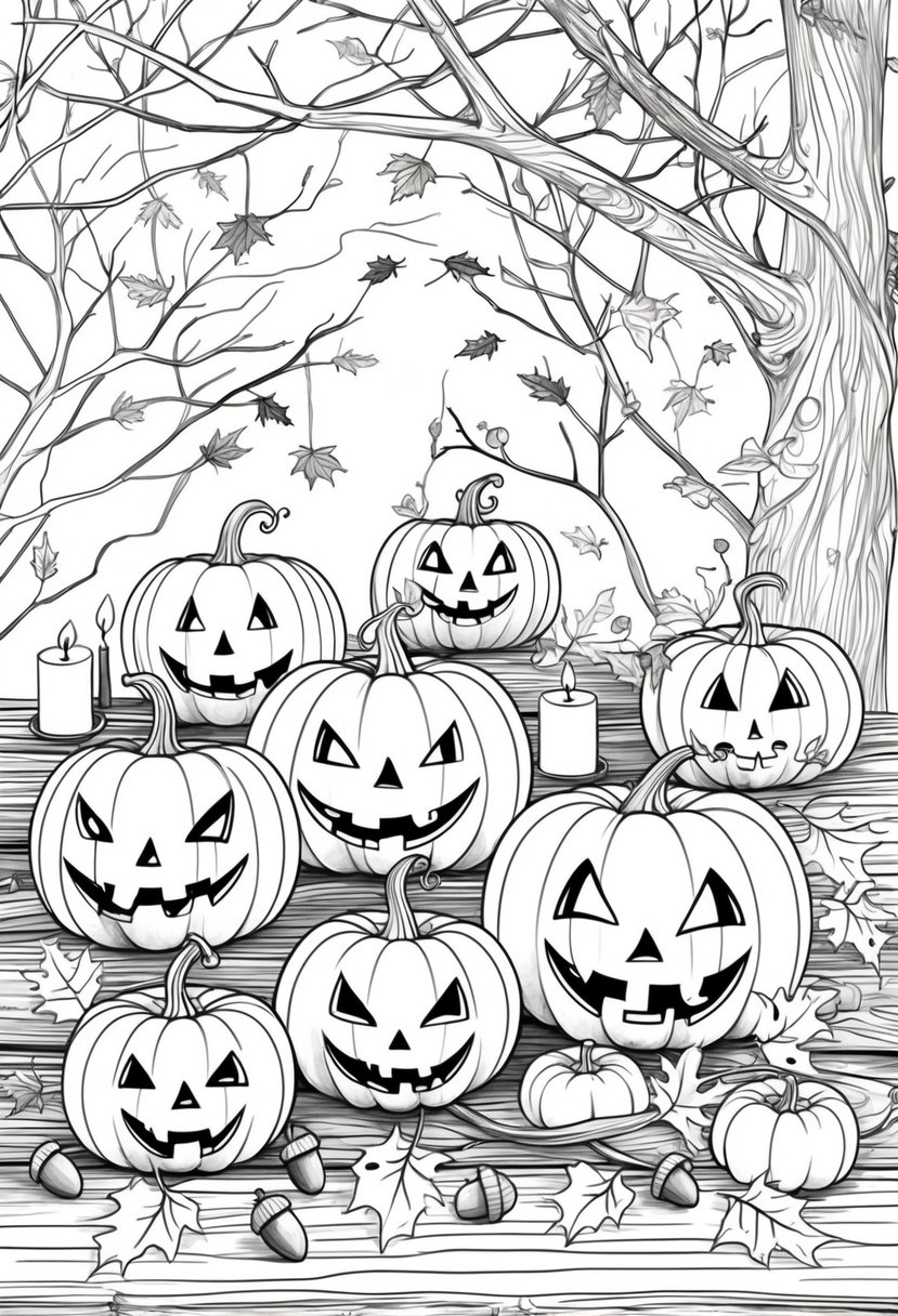 Fall Coloring Pages for Adults 19 Creative Designs to Inspire Relaxation 30 A scene with carved pumpkins on a wooden surface surrounded by autumn leaves, acorns, candles, and tree branches with bats and spider webs.