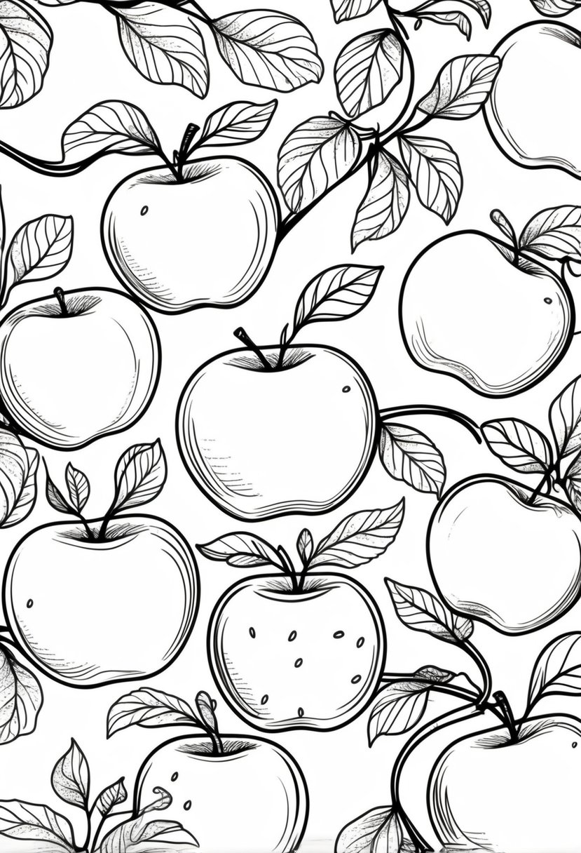 Fall Coloring Pages for Adults 19 Creative Designs to Inspire Relaxation 33 A collection of apples with leaves and vines arranged together.