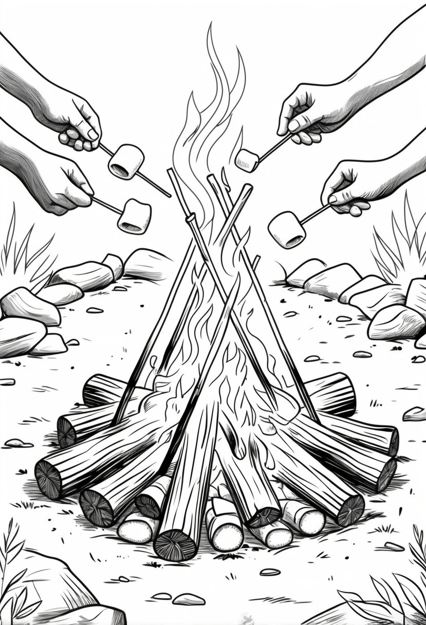 Fall Coloring Pages for Adults 19 Creative Designs to Inspire Relaxation 34 A campfire with logs and flames, surrounded by marshmallows on sticks being roasted.