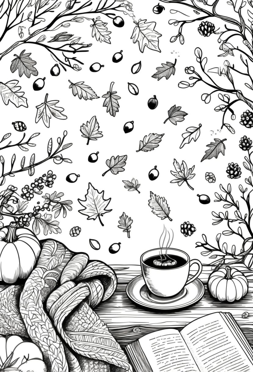 Fall Coloring Pages for Adults 19 Creative Designs to Inspire Relaxation 41 A fall scene with falling leaves, acorns, pumpkins, a steaming cup on a table, a scarf, an open book, branches with berries, and bare trees in the background.