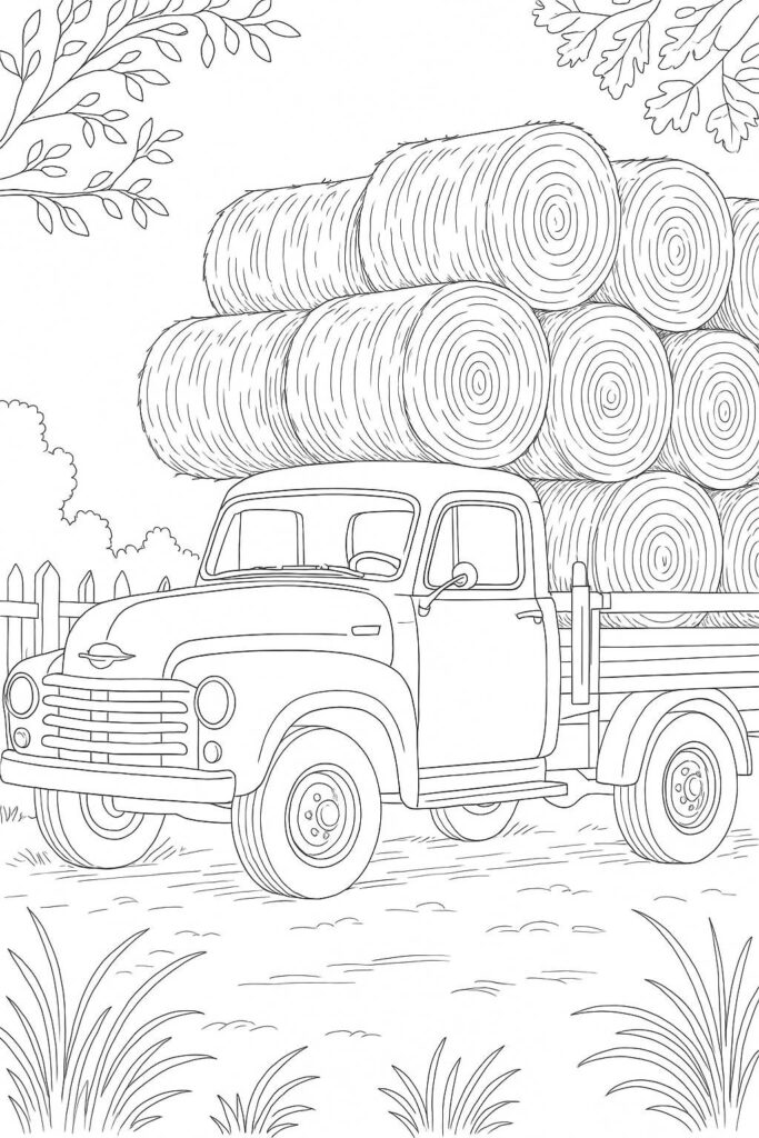 Fall Coloring Pages for Adults 19 Creative Designs to Inspire Relaxation 24 Vintage pickup trucks loaded with hay bales