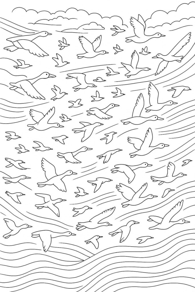 Fall Coloring Pages for Adults 19 Creative Designs to Inspire Relaxation 28 Birds migrating in dynamic sky formations