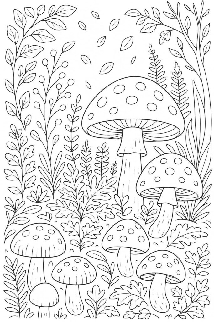 Fall Coloring Pages for Adults 19 Creative Designs to Inspire Relaxation 32 Mushrooms and forest floor foliage