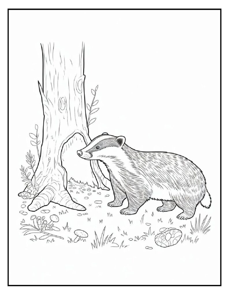 Woodland Animal Coloring Pages: 20 Detailed Designs for All Ages 17 woodland animal coloring pages Badger Near a Hollow Tree Coloring Page pdf