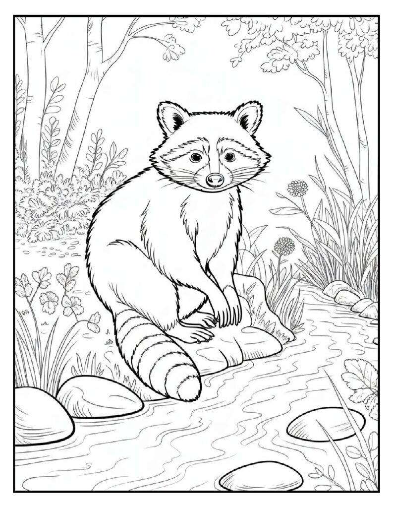 Woodland Animal Coloring Pages: 20 Detailed Designs for All Ages 7 woodland animal coloring pages Raccoon by the Stream Coloring Page pdf