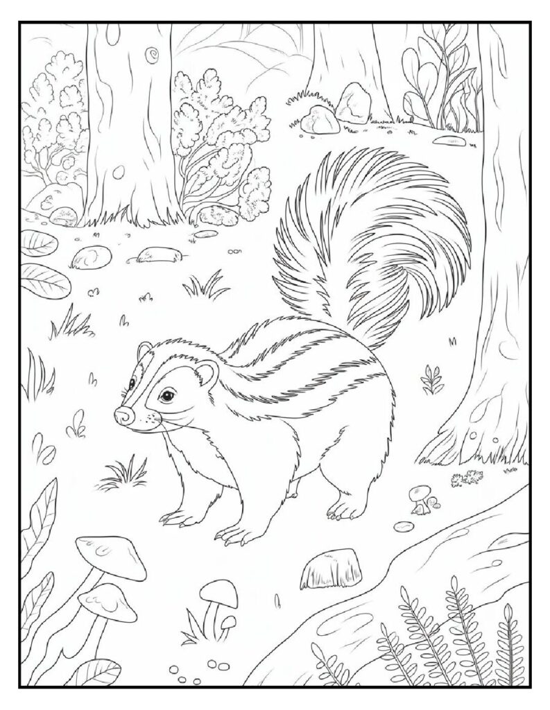 Woodland Animal Coloring Pages: 20 Detailed Designs for All Ages 18 woodland animal coloring pages Skunk in the Forest Coloring Page pdf
