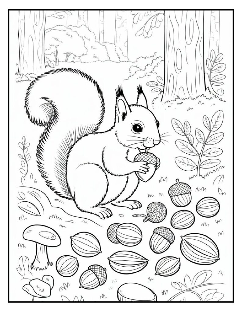 Woodland Animal Coloring Pages: 20 Detailed Designs for All Ages 8 woodland animal coloring pages Squirrel Gathering Nuts Coloring Page pdf