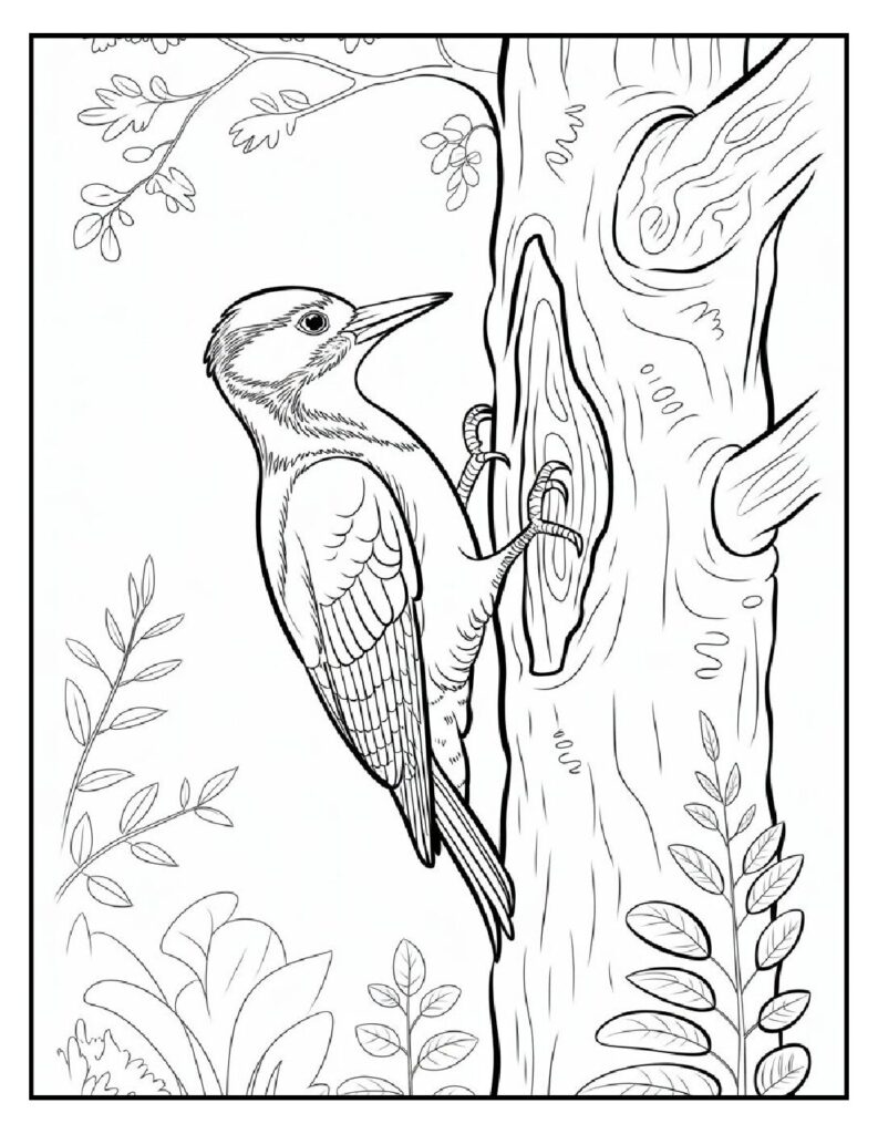 Woodland Animal Coloring Pages: 20 Detailed Designs for All Ages 11 woodland animal coloring pages Woodpecker on a Tree Trunk Coloring Page pdf