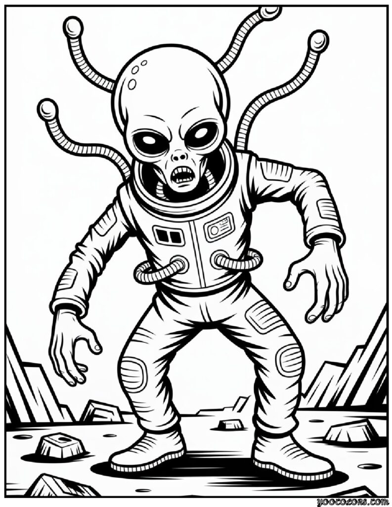 Zombie Coloring Pages: Scary, Cute, and Creative Free Printables 15 zombie coloring pages Alien zombie with antennas pdf