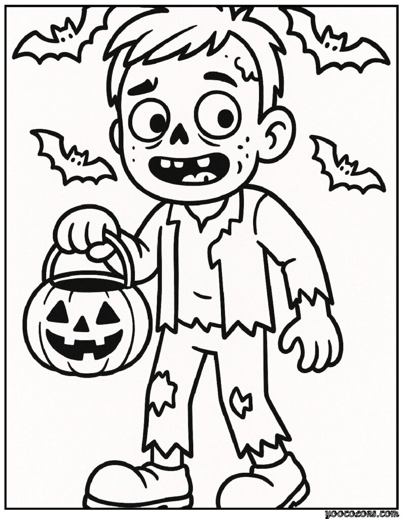 Zombie Coloring Pages: Scary, Cute, and Creative Free Printables 16 zombie coloring pages Halloween zombie holding pumpkin pdf