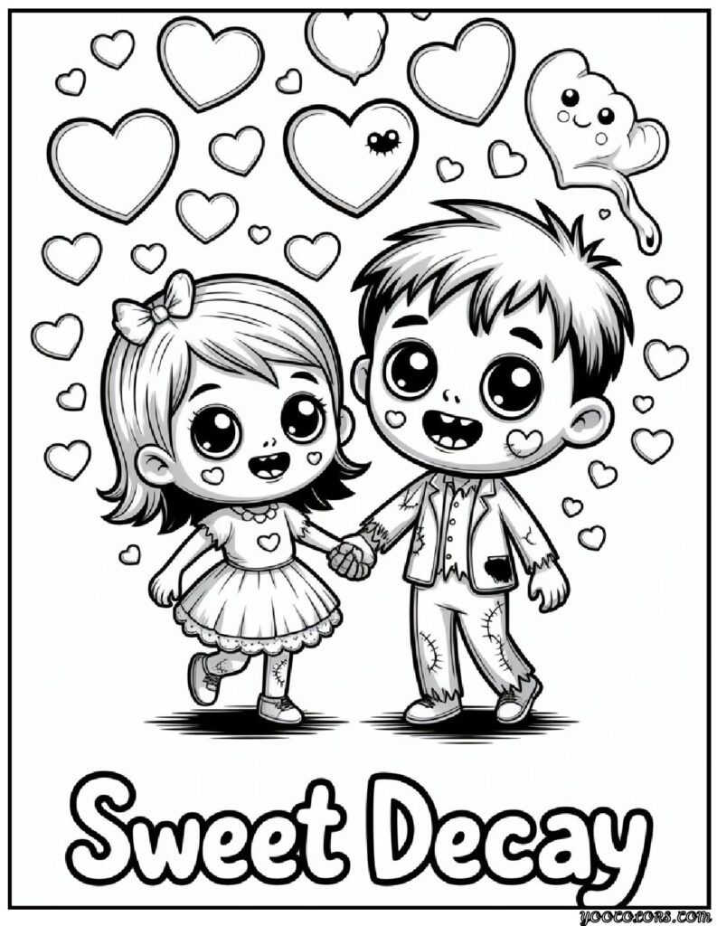 Zombie Coloring Pages: Scary, Cute, and Creative Free Printables 11 zombie coloring pages Kawaii zombie couple pdf