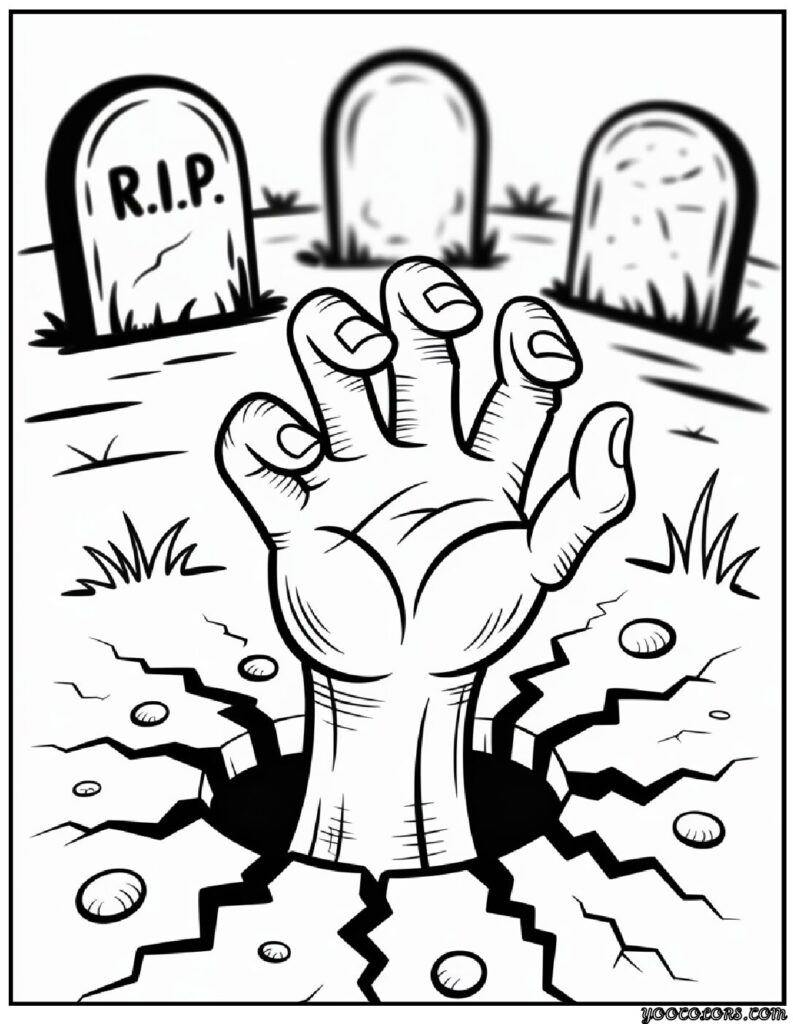 Zombie Coloring Pages: Scary, Cute, and Creative Free Printables 3 zombie coloring pages Zombie hand rising from a grave pdf