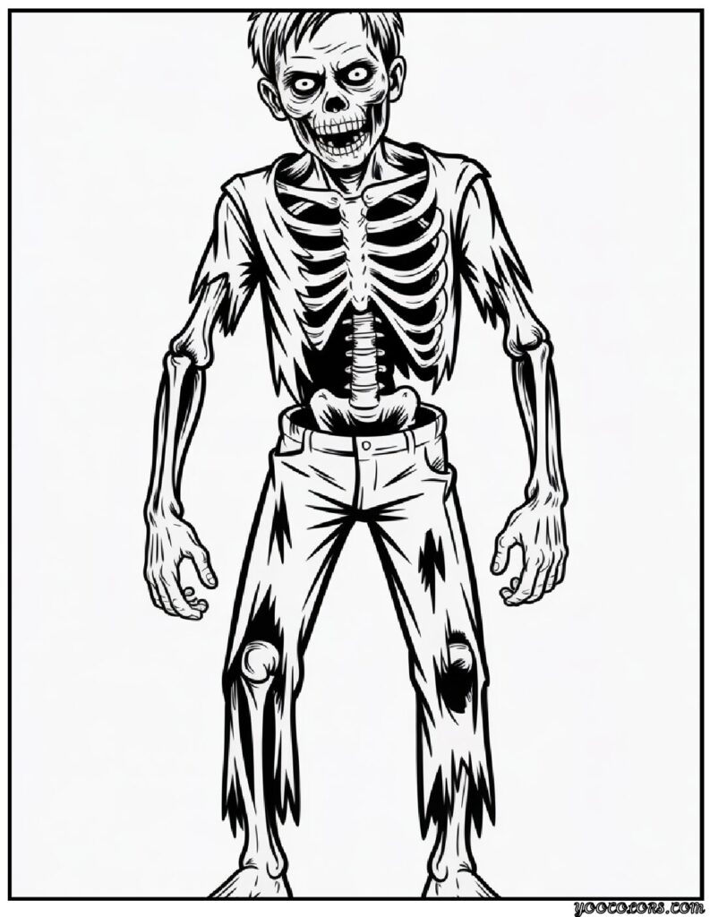 Zombie Coloring Pages: Scary, Cute, and Creative Free Printables 6 zombie coloring pages a zombie with torn clothes and skeletal arms.png 1 pdf