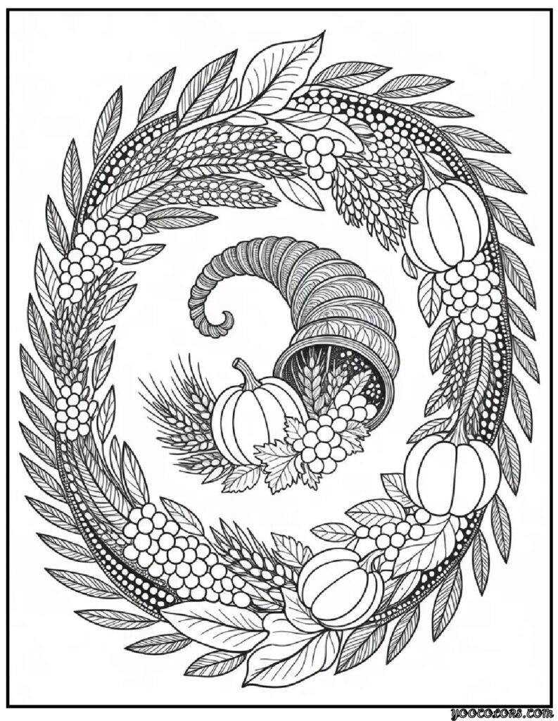 Thanksgiving Coloring Pages for Adults – Mindful, Modern & Perfect for Cozy Fall Nights 6 Cornucopia Spiral mandala formed.webp pdf
