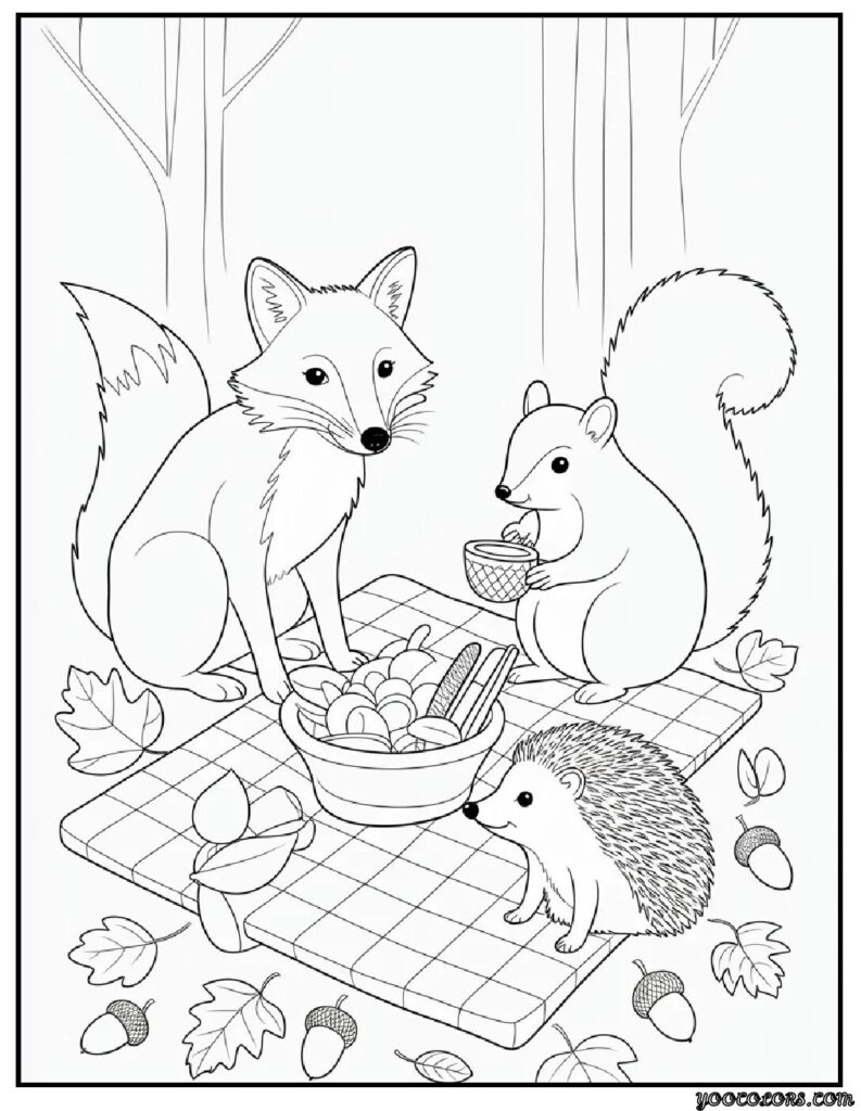 Fall Coloring Sheets: Fun, Cozy, and Printable Autumn Activities 5 Fall Coloring Sheets fall woodland animal picnic.webp pdf