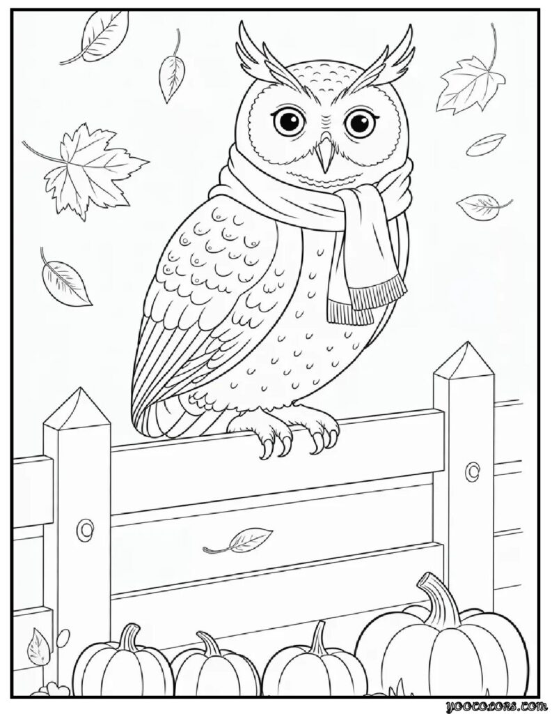 Fall Coloring Sheets: Fun, Cozy, and Printable Autumn Activities 13 Fall Coloring Sheets friendly owl on fence 1.webp pdf