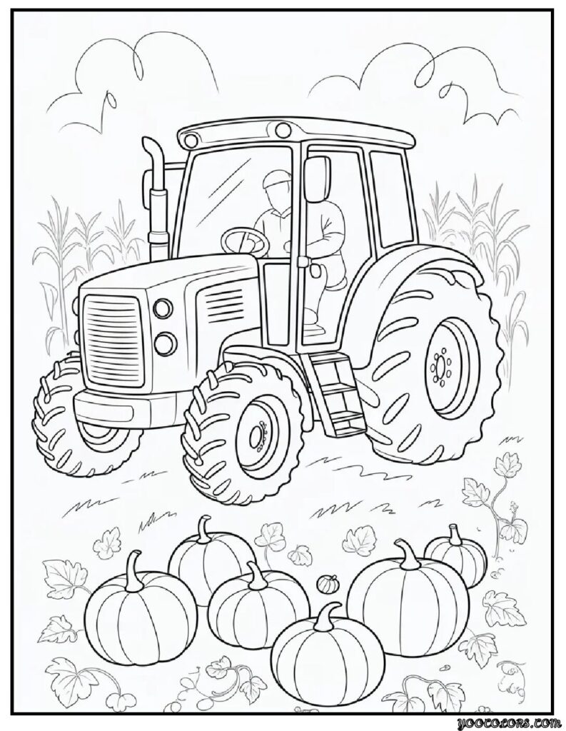 Fall Coloring Sheets: Fun, Cozy, and Printable Autumn Activities 16 Fall Coloring Sheets tractor in pumpkin field.webp pdf