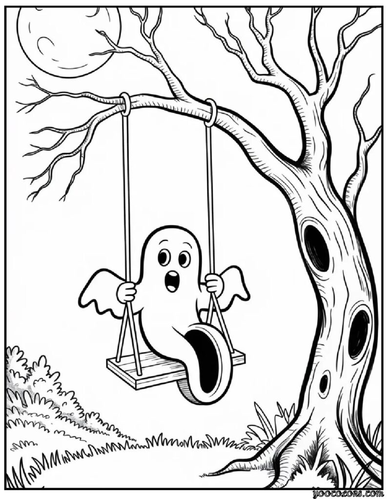Halloween Coloring Pages Easy haunted tree swing.webp pdf