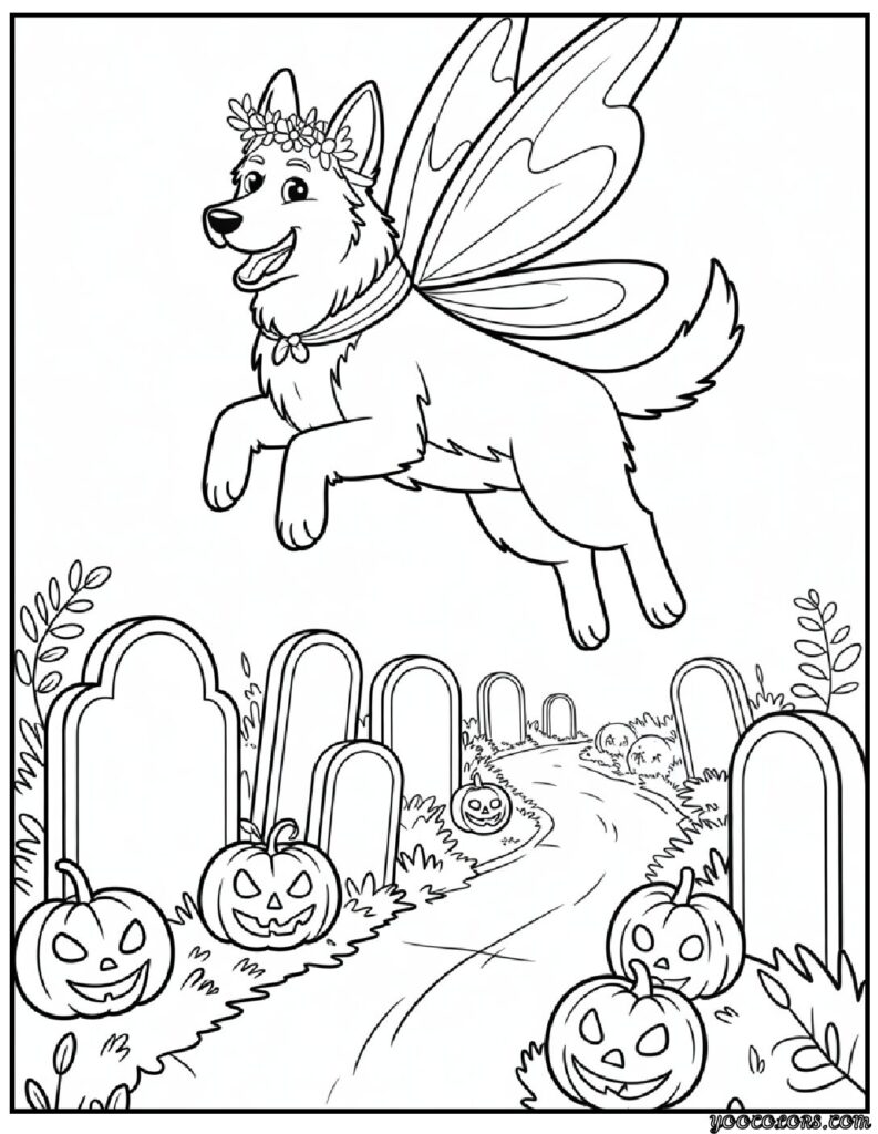 Halloween Dog Coloring Pages: Spooky-Cute Fun for Kids & Adults 4 Halloween Dog Coloring Pages Fairy Shepherd Dog in an Enchanted Graveyard.png pdf