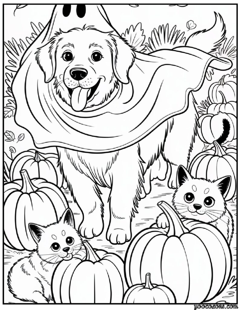Halloween Dog Coloring Pages: Spooky-Cute Fun for Kids & Adults 13 Halloween Dog Coloring Pages Ghost Golden Retriever in a Pumpkin Patch.png 1 pdf