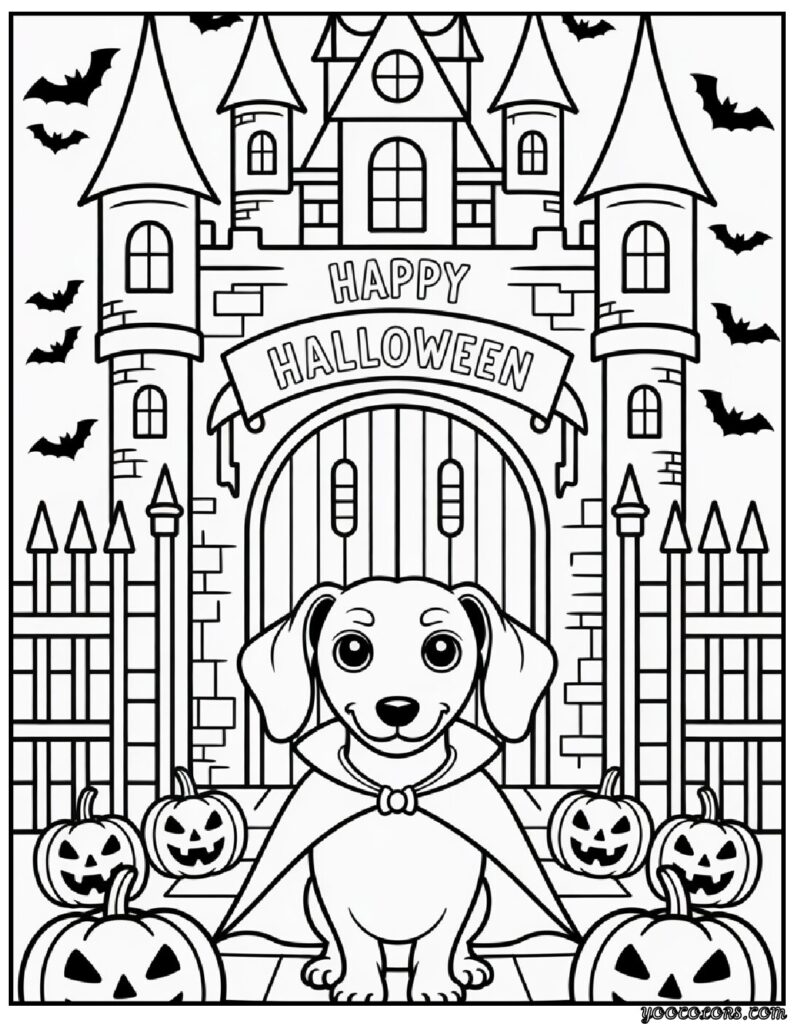 Halloween Dog Coloring Pages: Spooky-Cute Fun for Kids & Adults 17 Halloween Dog Coloring Pages Vampire Dachshund at a Haunted Castle.png pdf