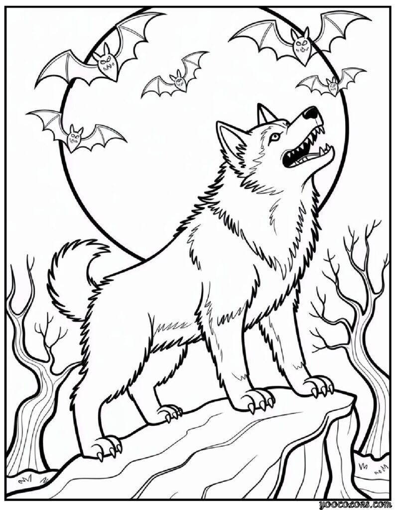 Halloween Dog Coloring Pages: Spooky-Cute Fun for Kids & Adults 9 Halloween Dog Coloring Pages Werewolf Husky Howling on a Hilltop.png pdf