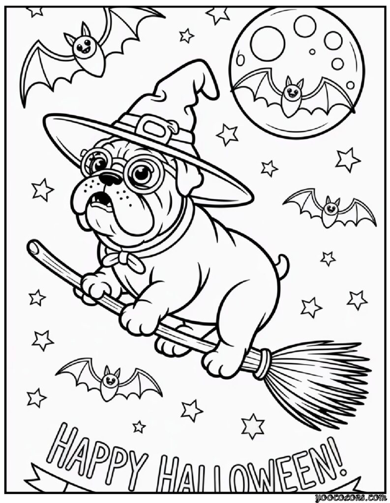 Halloween Dog Coloring Pages: Spooky-Cute Fun for Kids & Adults 15 Halloween Dog Coloring Pages Witch Bulldog Flying on a Broomstick.png pdf