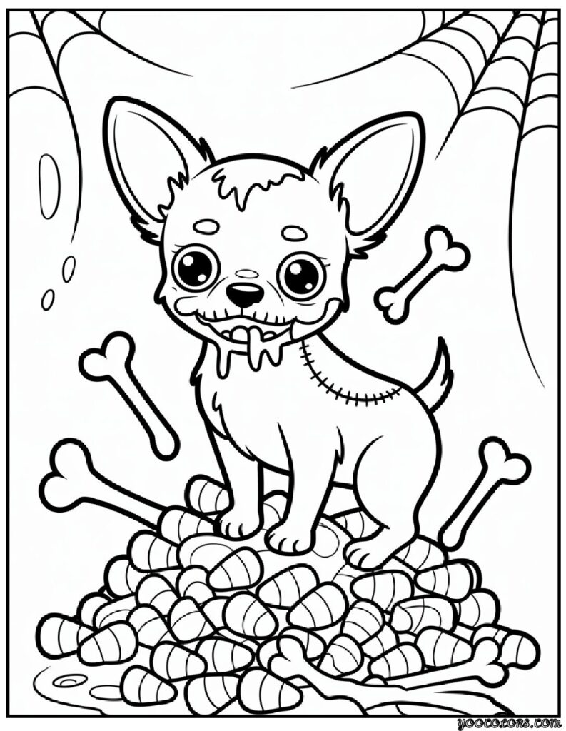 Halloween Dog Coloring Pages: Spooky-Cute Fun for Kids & Adults 12 Halloween Dog Coloring Pages Zombie Chihuahua with Candy Corn.png pdf