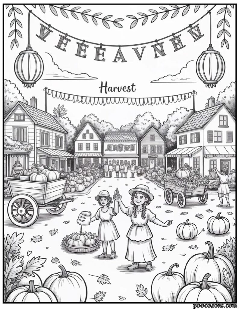 Autumn Fall Coloring Pages – Cozy, Printable & Fun for All Ages 8 Harvest Festival Scene.webp autumn fall coloring pages pdf