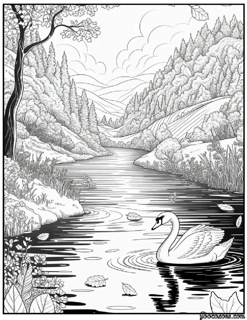 Autumn Fall Coloring Pages – Cozy, Printable & Fun for All Ages 12 Peaceful River in Autumn Hills.webp autumn fall coloring pages pdf