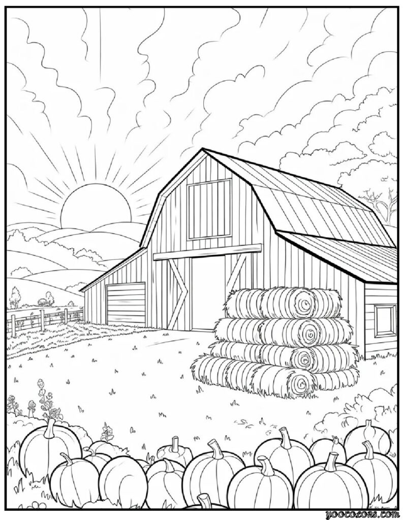 Autumn Fall Coloring Pages – Cozy, Printable & Fun for All Ages 4 Rustic Barn at Sunset.webp autumn fall coloring pages pdf