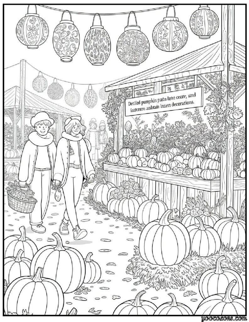 Adult Coloring Pages Fall: Relax, Create, and Celebrate Autumn 21 adult coloring pages fall Cozy Pumpkin Patch Festival.webp 2 pdf