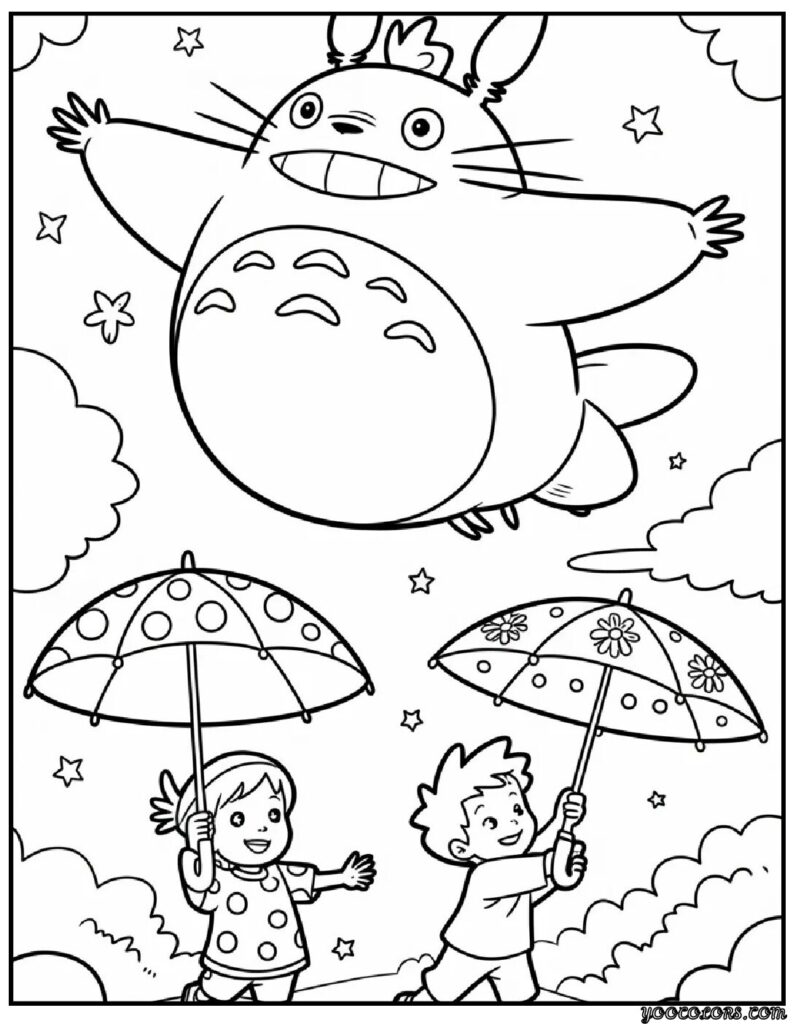 anime coloring pages My Neighbor Totoro Flying with Umbrellas.webp pdf