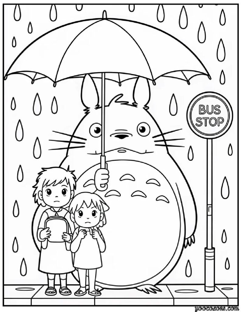 anime coloring pages Totoro at the Bus Stop.webp pdf